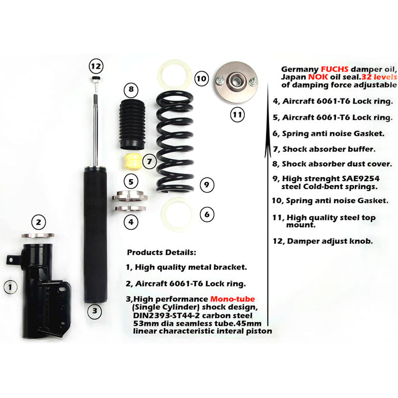 ADLERSPEED 32 Level Mono Tube Coilover Suspension Kit For Honda Civic EM2 2001-05