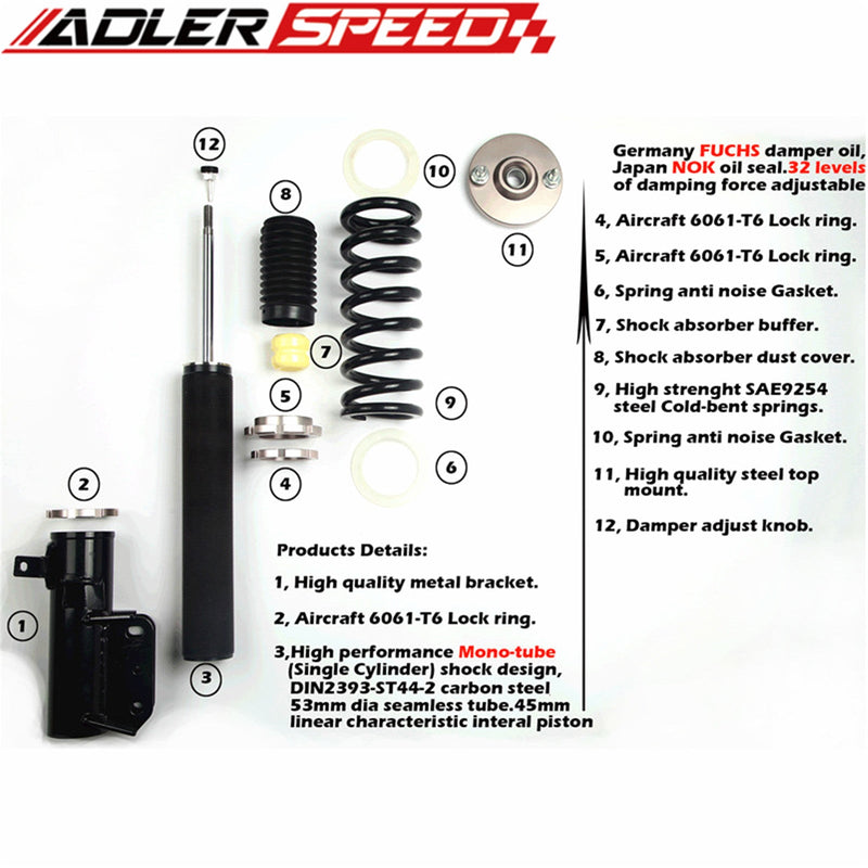 ADLERSPEED 32 Way Adjustable Mono Tube Coilovers Suspension Kit for Silvia 240sx S14 95-98