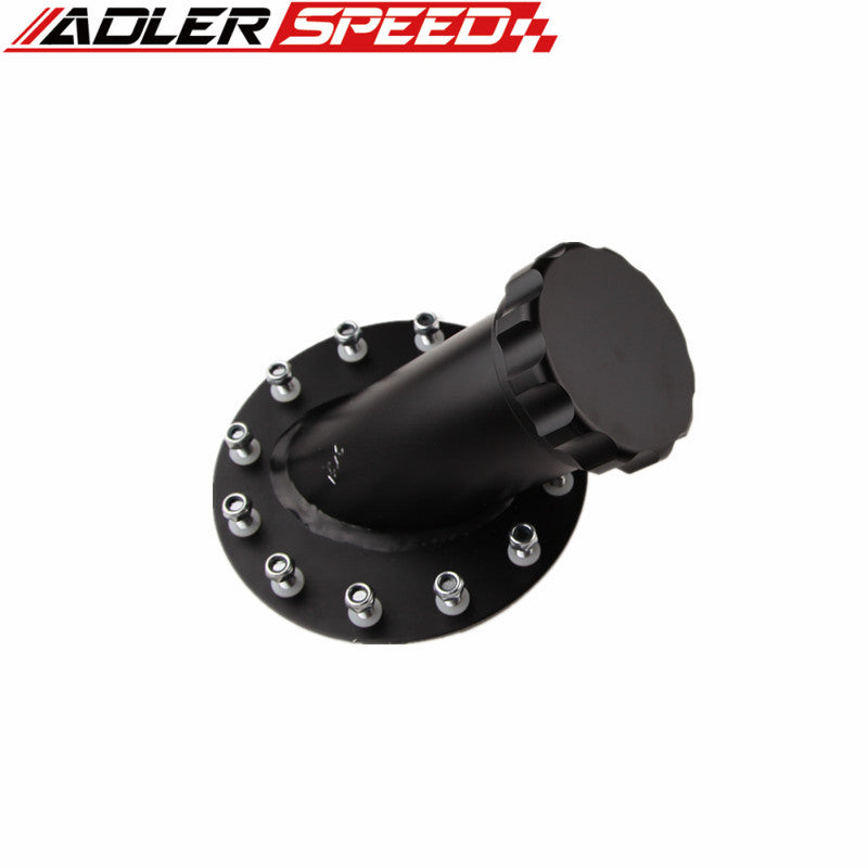 US SHIP Billet Fuel Cell Fast Fill Filler Neck Aluminum 45Degree 12Bolt Flange Silver/Black