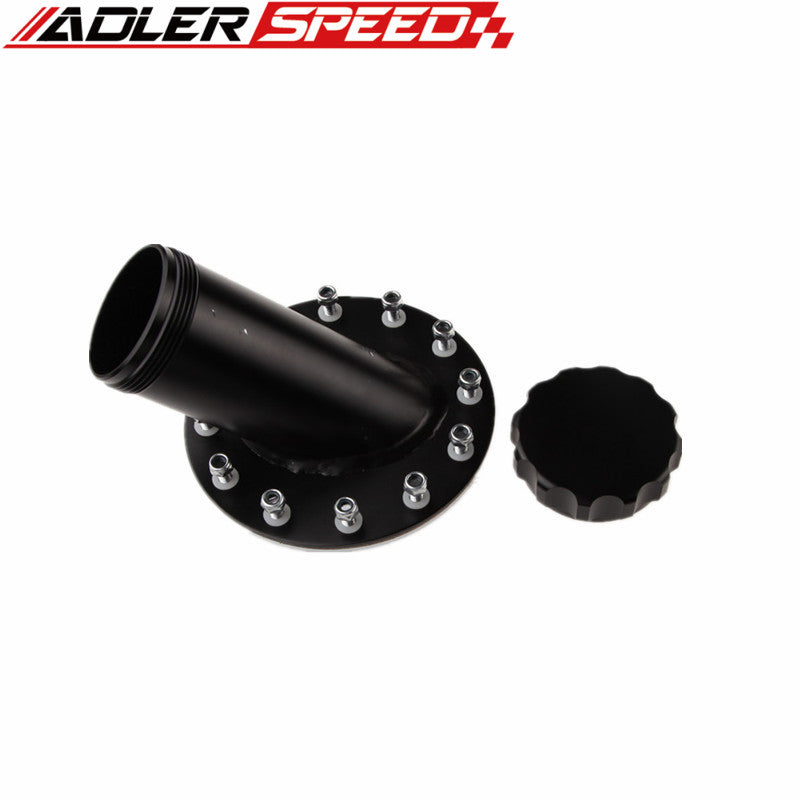 US SHIP Billet Fuel Cell Fast Fill Filler Neck Aluminum 45Degree 12Bolt Flange Silver/Black