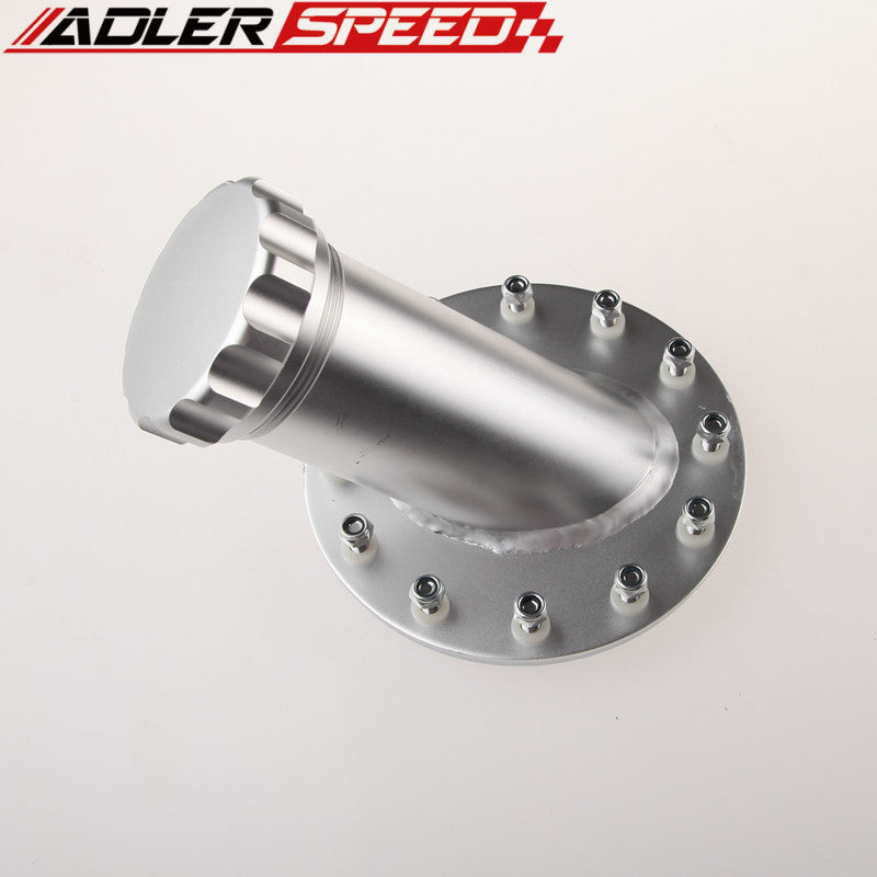 US SHIP Billet Fuel Cell Fast Fill Filler Neck Aluminum 45Degree 12Bolt Flange Silver/Black