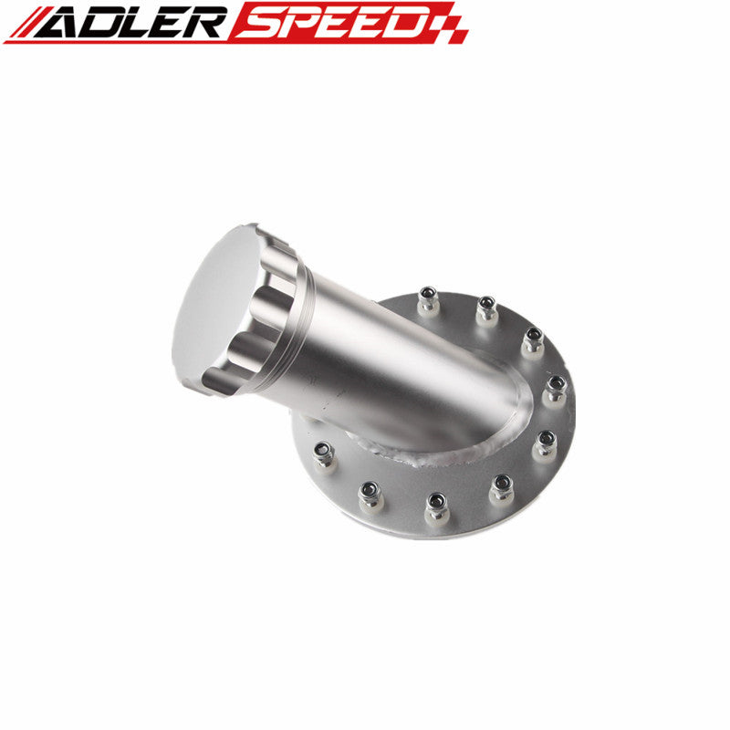 US SHIP Billet Fuel Cell Fast Fill Filler Neck Aluminum 45Degree 12Bolt Flange Silver/Black